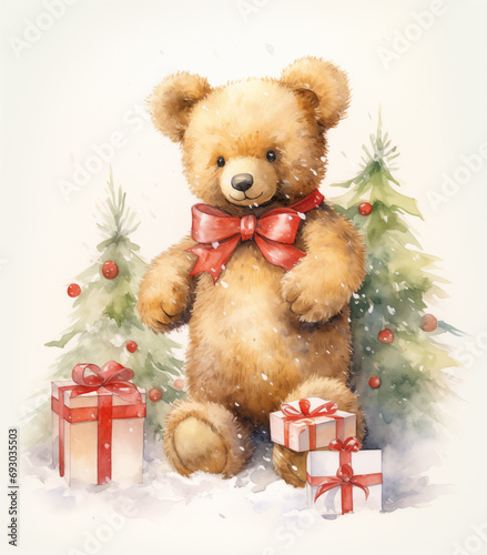 Watercolor painting of Cute teddy bear in a Santa Claus hat with a gift and a Christmas tree on white background.   © theevening