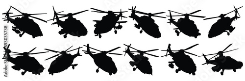 Helicopter war army silhouettes set, large pack of vector silhouette design, isolated white background