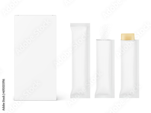 Universal blank cardboard box with stick mockups set and samples. Vector illustration isolated on white background. Can be use for template your design, presentation. EPS10.