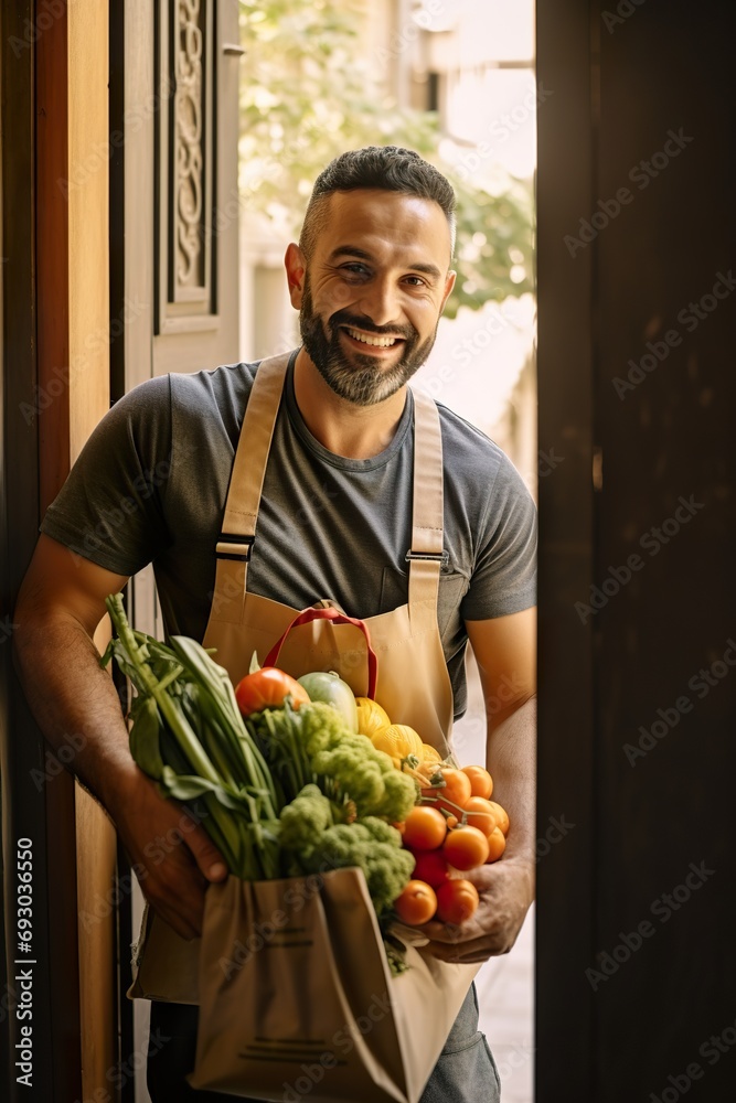Image of a cheerful delivery person carrying a basket of fresh fruits and vegetables to a customer's doorstep Image of a cheerful delivery person carrying a basket of fresh fruits and vegetables to a customer's doorstep