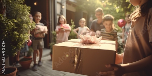 Image of a delivery package on a home porch with joyful children in the background celebrating its arrival