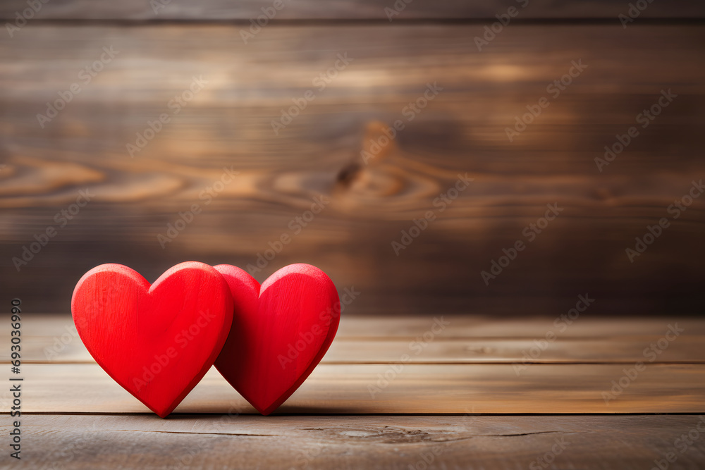 Romantic Red Hearts on Wooden Background - Generative AI Romantic Red Hearts on Wooden Background - Generative AI