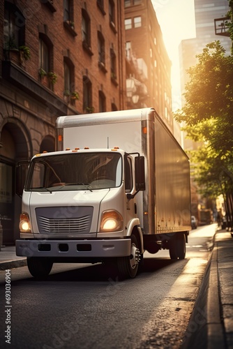 Image of a delivery truck on a city street, loaded with packages, ready for urban delivery