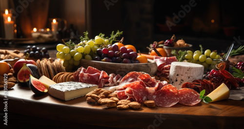 Close up of charcuterie board with meats and cheeses on festive dinner table for, copy space photo