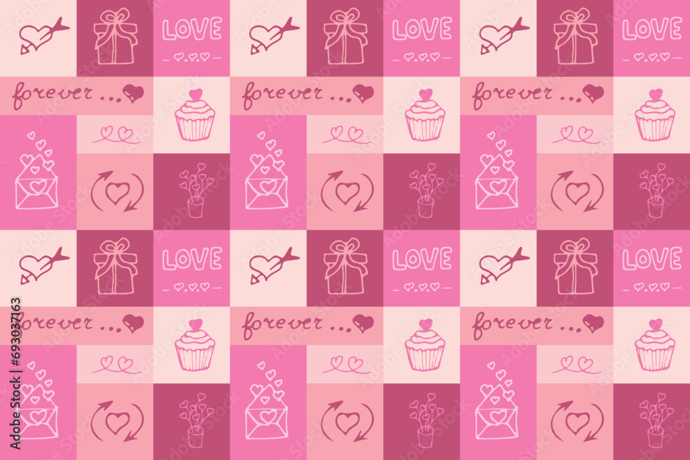 Valentine's Day seamless pattern in doodle style in squares. Print for wallpaper, stationary, wrapping paper, textile prints, packaging, etc. Vector illustration Valentine's Day seamless pattern in doodle style in squares. Print for wallpaper, stationary, wrapping paper, textile prints, packaging, etc. Vector illustration