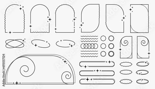 Set of retro frames, vintage archs with blink and stars, empty spaces, decorations in Y2K aesthetic. Vector illustration.