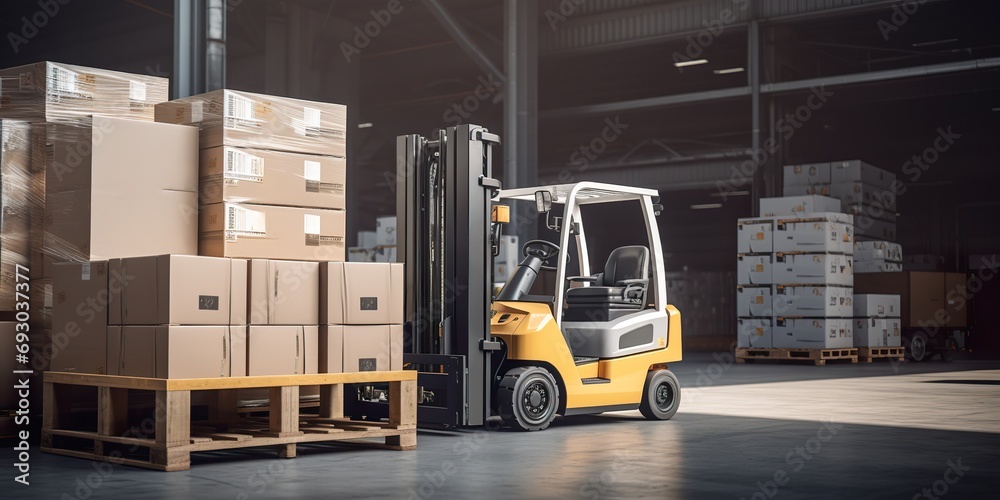 Image of a forklift loading packages onto a delivery truck in a warehouse loading dock, showcasing efficient logistics operations