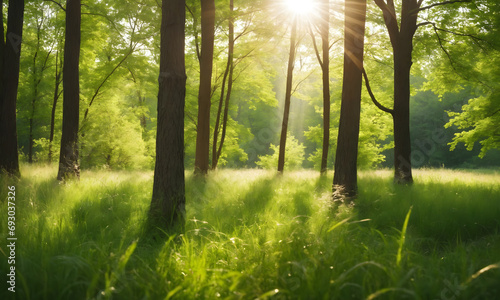 Defocused green trees in forest or park with wild grass and sun beams. Beautiful summer spring natural background © ณรงค์วิทย์ สุขใจ