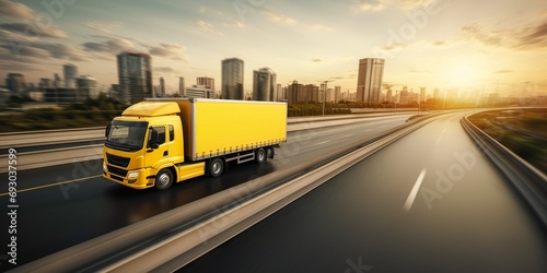 Image of a speeding delivery truck on a highway with motion blur, conveying urgency and efficiency in delivery