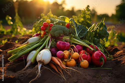 Fresh vegetables on ground on farm at sunset. Freshly bunch harvest. Healthy organic food, agriculture, top view
