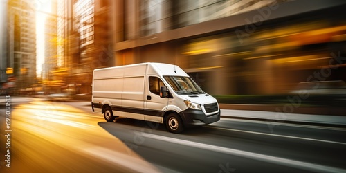Photo of a delivery truck speeding through an urban environment, symbolizing fast city deliveries