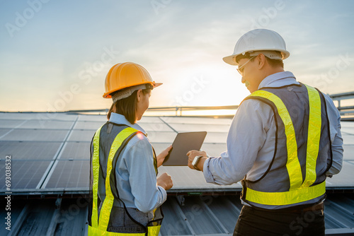 Multiracial electrical engineers working together use laptops to inspect the installation and maintain solar panels in the solar power station, Renewable Energy, sustainable business concept. photo