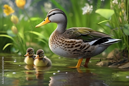 Mallard female with little ducklings in the lake