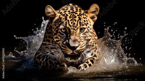 Amazing leopard moving through the water on a black background