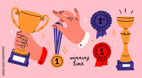Award, winning cup, first place medal, ribbon prize. Hand holding gold medal and champion trophy cup. Hand drawn trendy Vector illustration. Isolated design elements. Victory, competition concept