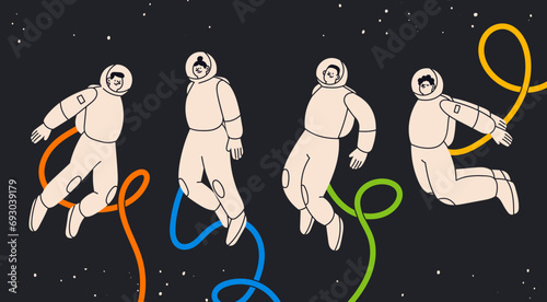 People flying in outer space in white space suits. Astronaut or spaceman. Cute characters. Cartoon flat style. Hand drawn Vector illustration. Isolated design elements. Exploration, discovery concept 