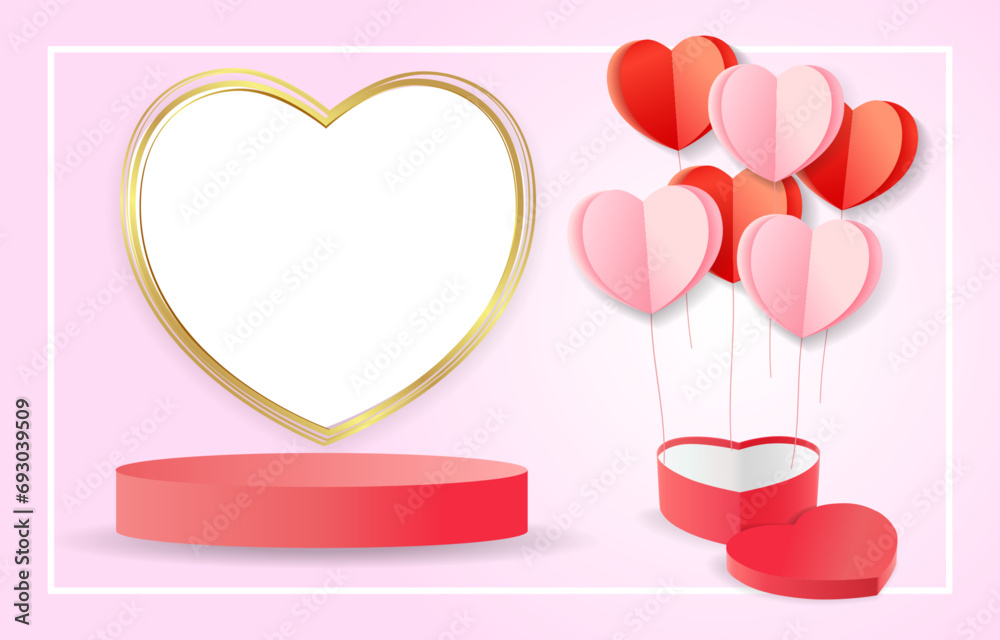 Valentines day empty podium pedestal decoration background with gift box and paper hearts. Elegant love vector promo banner for promotion design