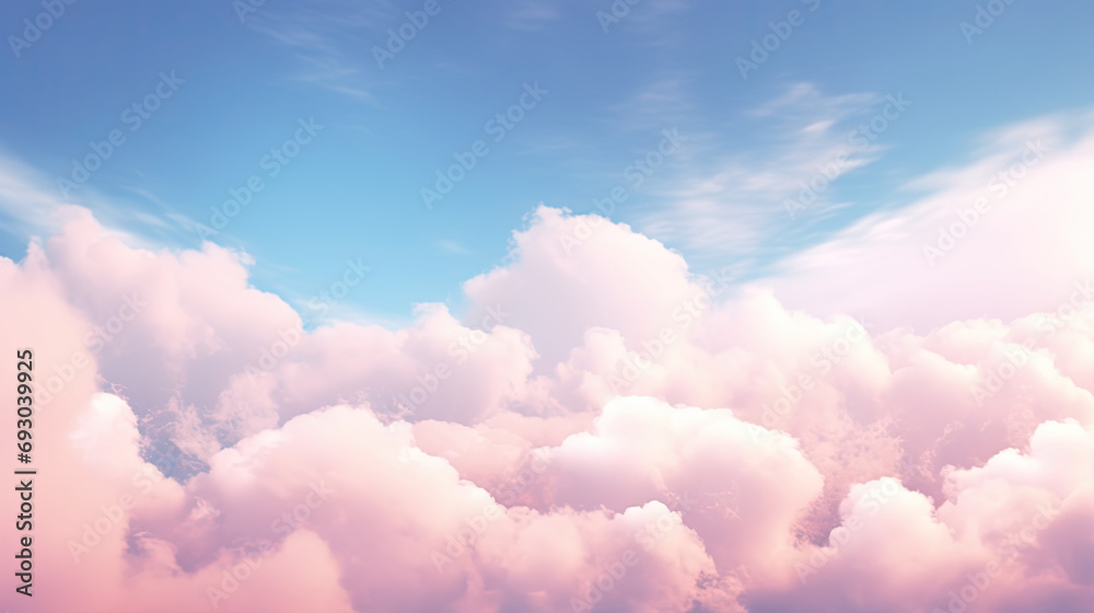 Beautiful background image of a romantic blue sky with soft fluffy pink clouds. Panoramic natural view of a dreamy sky