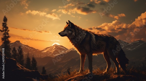 A lone wolf silhouetted against the golden hues of a setting sun in a vast wilderness. Keywords © Torrendo