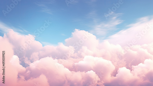 Beautiful background image of a romantic blue sky with soft fluffy pink clouds. Panoramic natural view of a dreamy sky