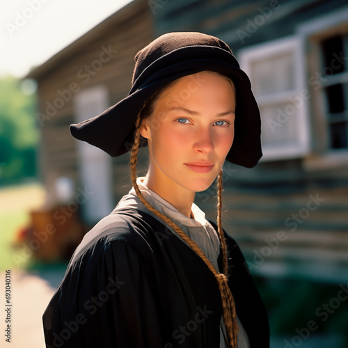 Amish woman portrait, serene expression, rural backdrop.
 photo