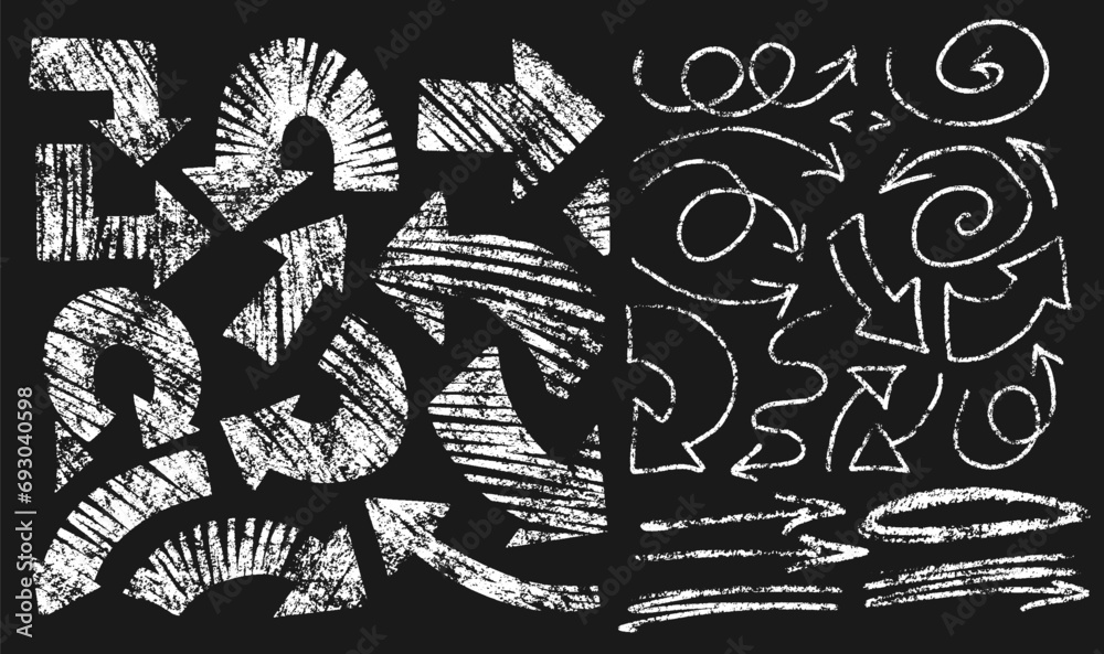 Hand drawn grunge arrow set isolated on blackboard background. Rough arrow doodles. Emphasis crayon elements. Directional arrow shapes with curling tails. Vector Illustration.