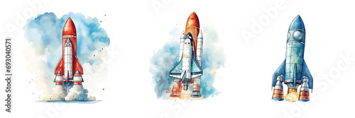 Watercolor Flying Rocket, png transparent photo