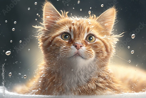 cat bath tabby maine coon cat playing with water photo