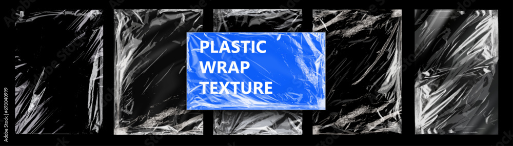 Сollection of plastic wrap texture for background and photo overlay effect. Realistic mockup of clear polyethylene. Plastic Wrap Textures for Creative Backgrounds and Overlays. Vector illustration - obrazy, fototapety, plakaty 