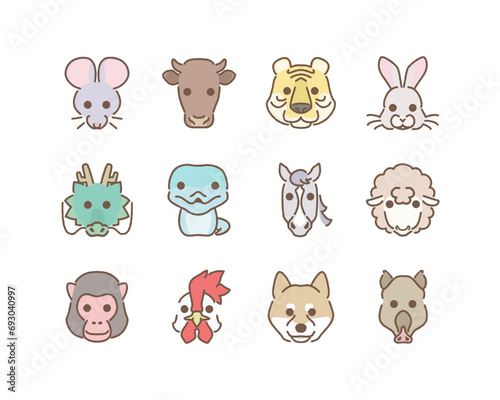 干支・十二支の動物12種類のアイコン素材セット（カラー・手描き）