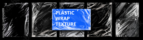 Сollection of plastic wrap texture for background and photo overlay effect. Realistic mockup of clear polyethylene. Plastic Wrap Textures for Creative Backgrounds and Overlays. Vector illustration