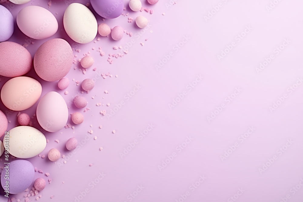 Easter Eggs Background, Light purple Easter Frame with decorated eggs, copy space AI Generated