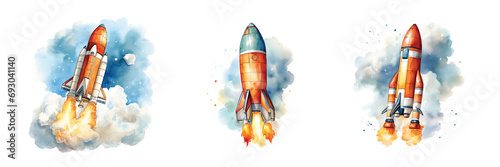 Watercolor Flying Rocket, png transparent photo