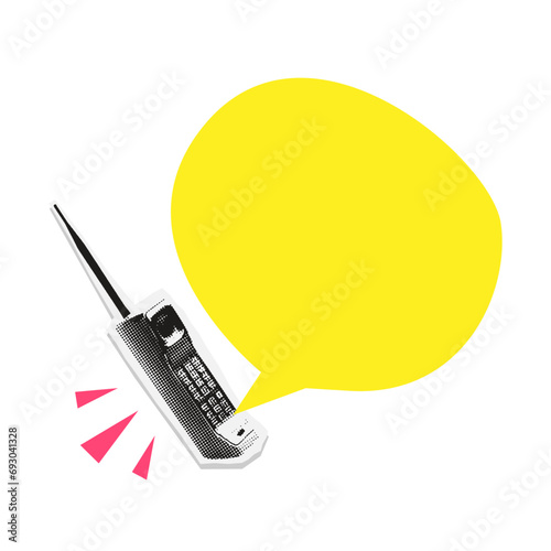 90s vintage style Collage halftone element for message. Old cell phone with speech bubble. Dotted realistic stickers with simple vivid shapes. Vector