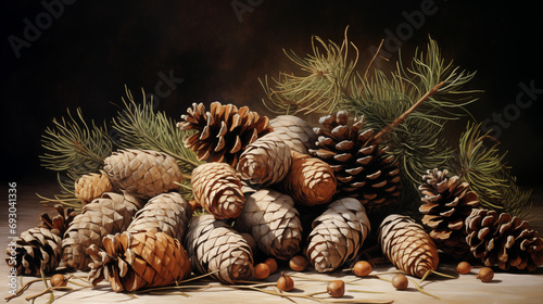 A Serene Painting of Pine Cones and Pine Needles