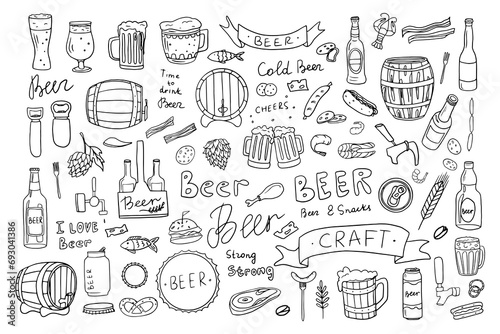 Trendy big set with beer and snacks in doodle style. Glass of beer, mug with beer, barrel, lid, pistachios, crayfish, bacon, fish, meat steak, sausages. Great for bar menu design, packaging, pub. photo