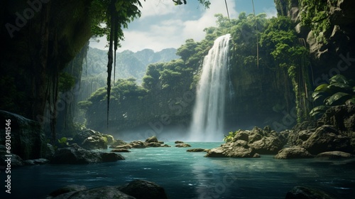 A towering waterfall cascading into a crystal-clear pool  mist rising in the air like a veil. 