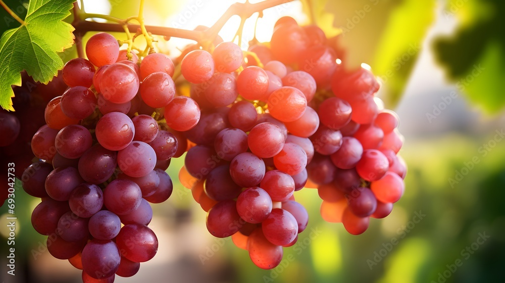 Golden sunset illuminating ripe grapes on vine in a picturesque vineyard Golden sunset illuminating ripe grapes on vine in a picturesque vineyard