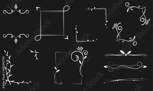 Set of Decorative Frames  Swirls Dividers  Vintage Elements  Hand drawn  Floral Ornament  Vector illustration  Linar Collection  Ribbon  Corner  Branch  Wedding  Isolated  White