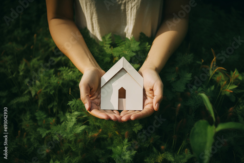 A Person's Hand Holding Paper House, Home on Grass Background Meaning Saving, Economicl, Argiculture and Farmer photo