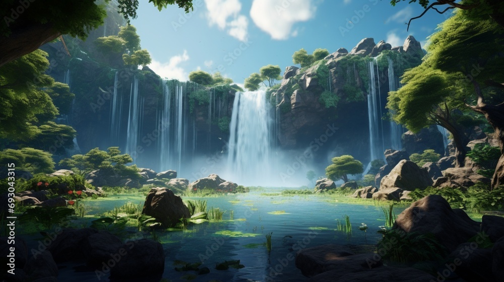 Vibrant greenery frames a majestic waterfall, its cascading waters creating a misty spectacle. 