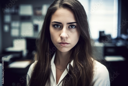 young woman in an office setting. The individual is wearing a white collared shirt and the background includes a desk, computer monitor, and other office supplies, ai generative
