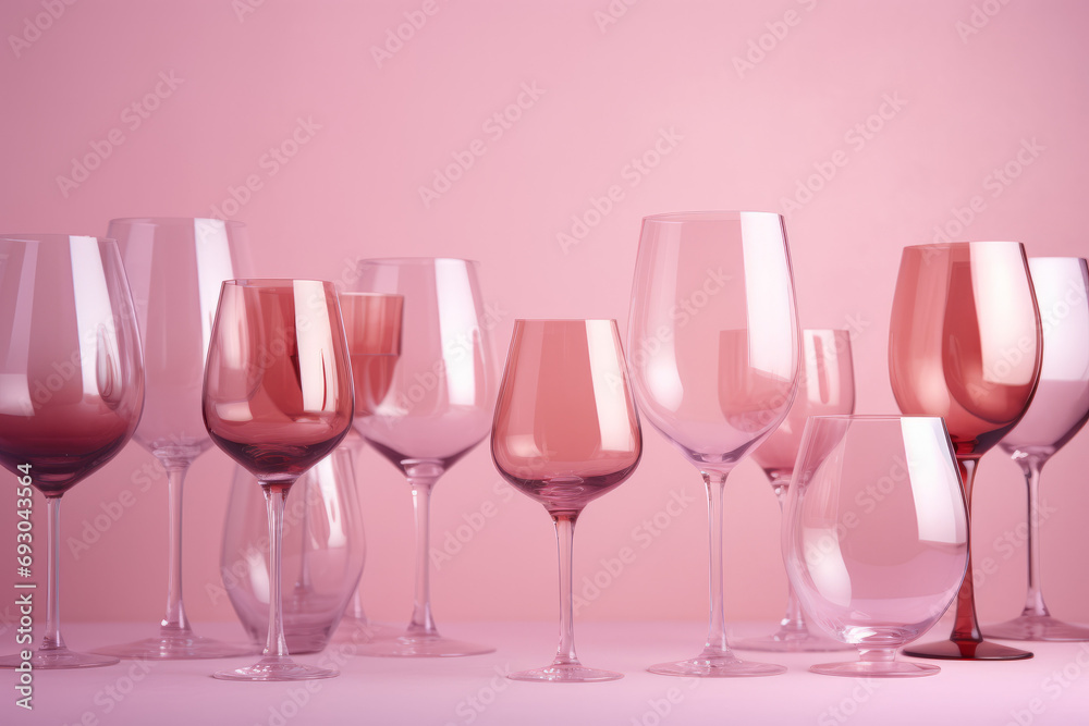 Aesthetic Arrangement of Wine Glasses in Varying Shades of Pink on a Pink Background. Generative AI. Aesthetic Arrangement of Wine Glasses in Varying Shades of Pink on a Pink Background. Generative AI.