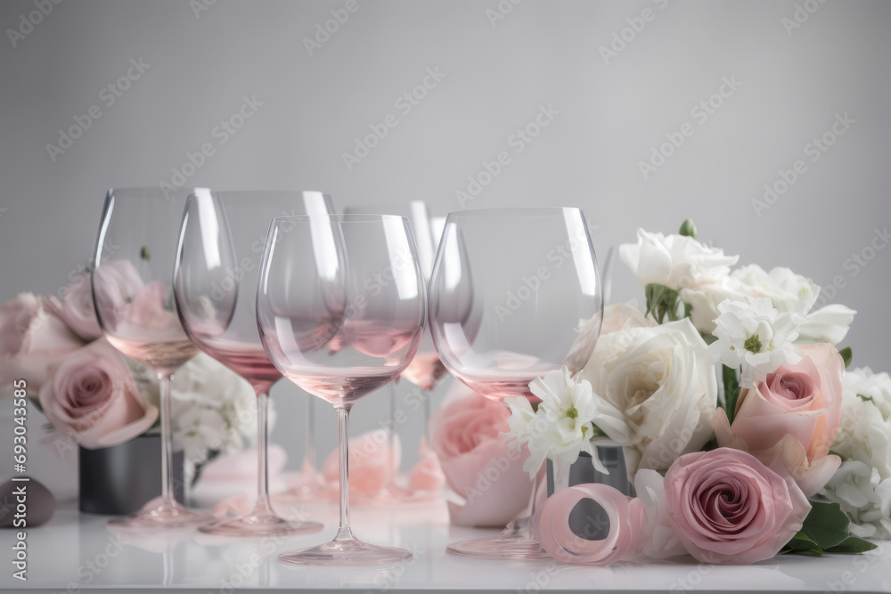 Aesthetic Arrangement of Wine Glasses in Varying Shades of Pink on a Pink Background. Generative AI. Aesthetic Arrangement of Wine Glasses in Varying Shades of Pink on a Pink Background. Generative AI.