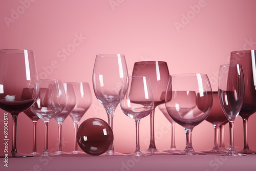 Aesthetic Arrangement of Wine Glasses in Varying Shades of Pink on a Pink Background. Generative AI.