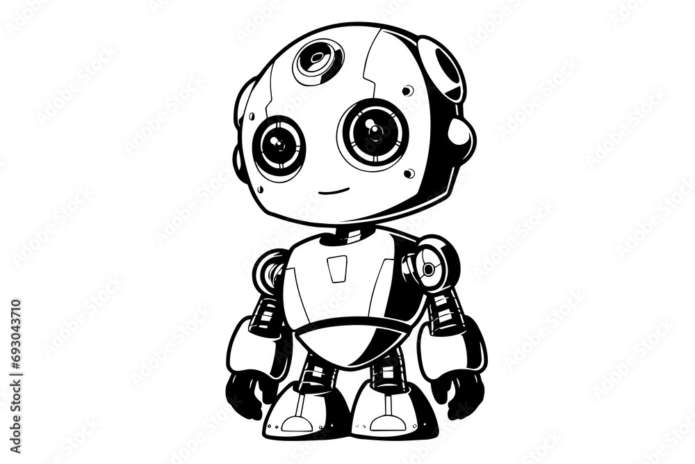 Hand-Drawn Cute Robot or chat bot in a Timeless Vintage Engraved Style. Vector Illustration.