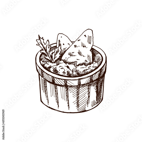Hand-drawn sketch of bowl with guacamole, nachos and parsley leaves. Vintage drawing. Vector black ink outline food sketch illustration. Mexican food, cuisine. An illustration for the menu. Latin Amer