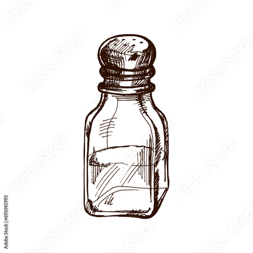 Hand-drawn sketch of glass salt shaker with metal lid. Vintage drawing of salt shaker. Vector black ink outline food sketch illustration. Food, cuisine. An illustration for the menu.