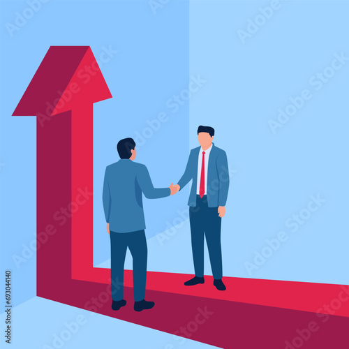 people shaking hands with united arrows, metaphor of mergers and acquisitions. Simple flat conceptual illustration.
