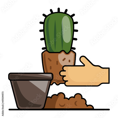 Transferring from Ground to Pot concept, indoor Plant Preparation Process vector icon design, Shrubs and Trees symbol, Plants and Flowers sign, Landscaping and Garden Tools stock illustration